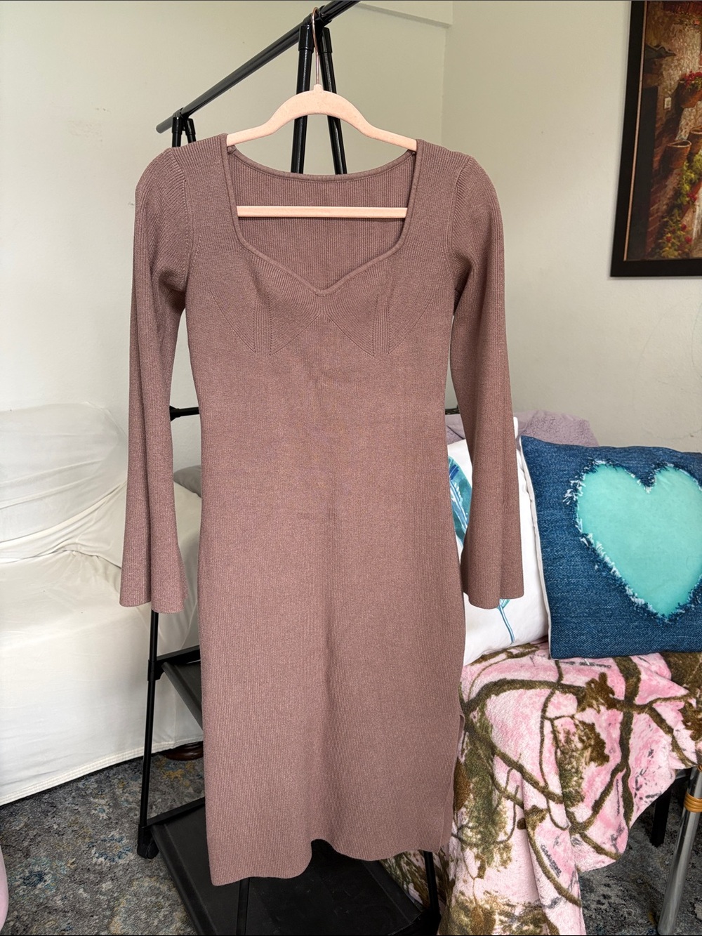 Long-Sleeve Knit Scoop Neck Dress in Brown
